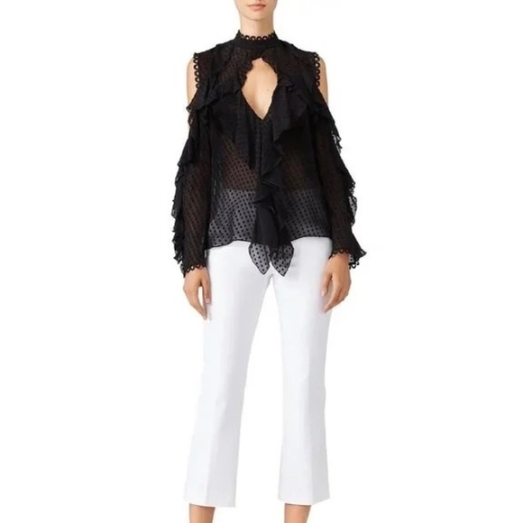 NICHOLAS Navy Blue Swiss Dot Cutout Cold Shoulder Top Blouse Ruffle Size 0 - Picture 1 of 15